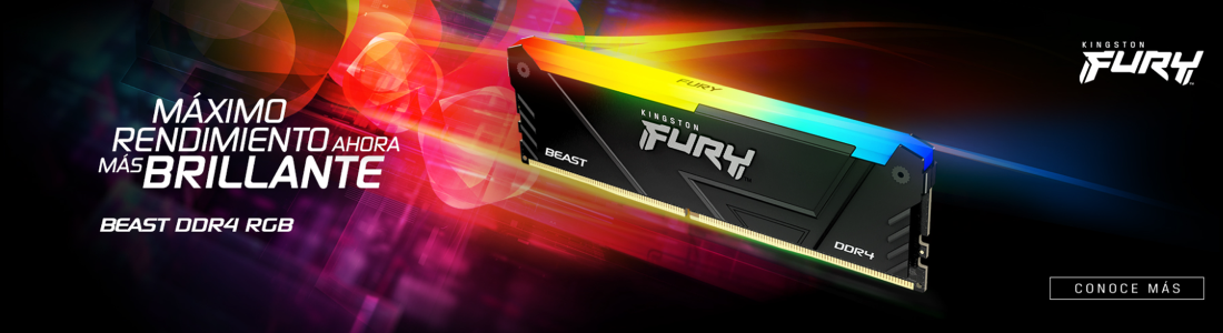 Banner publicitario de Kingstone fury. Máximo rendimiento ahora más brillante, Beast DDR4 RGB.